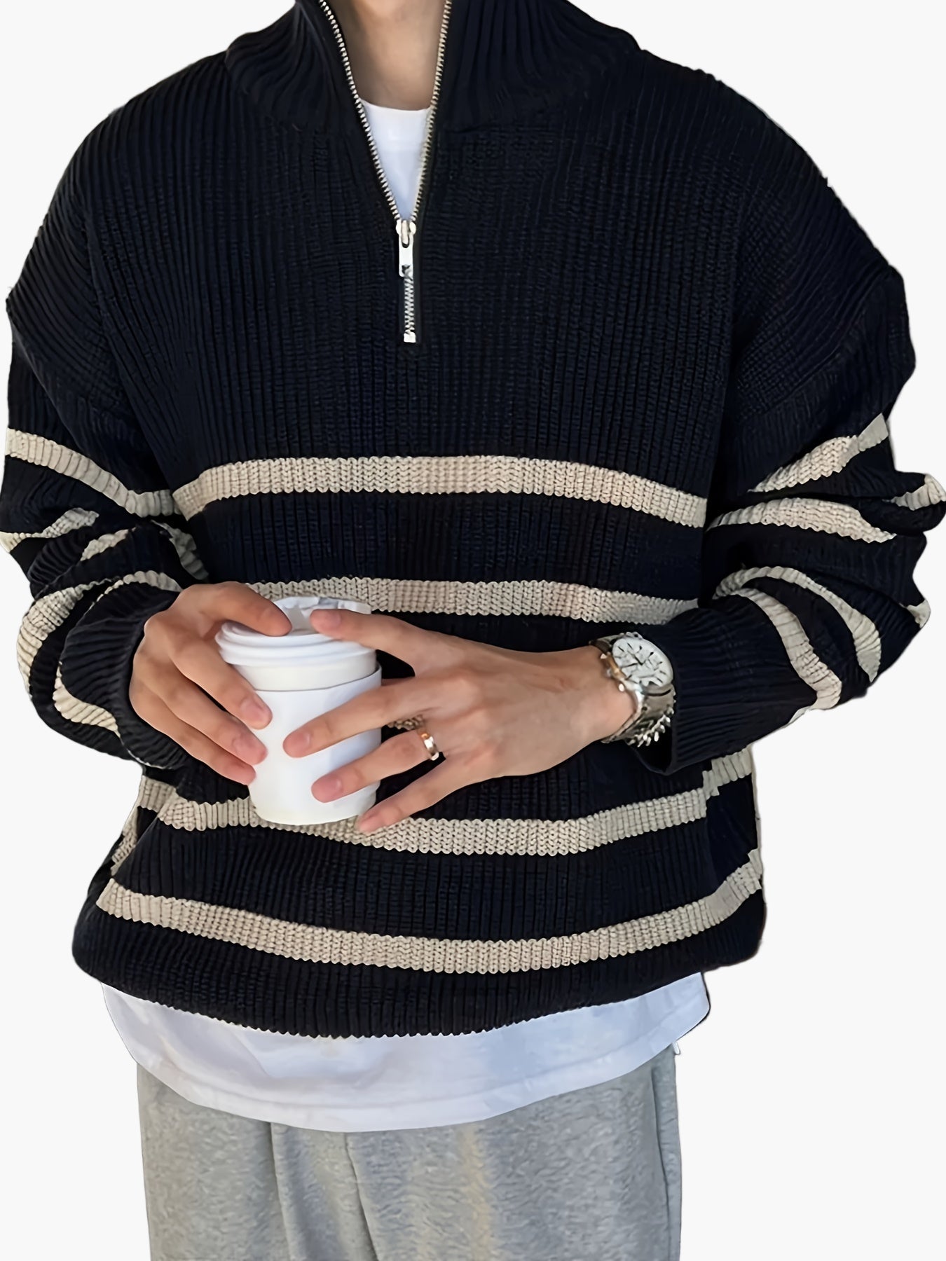 Herren Strickpullover mit Reißverschluss, gestreifter Casual Look für Herbst und Winter