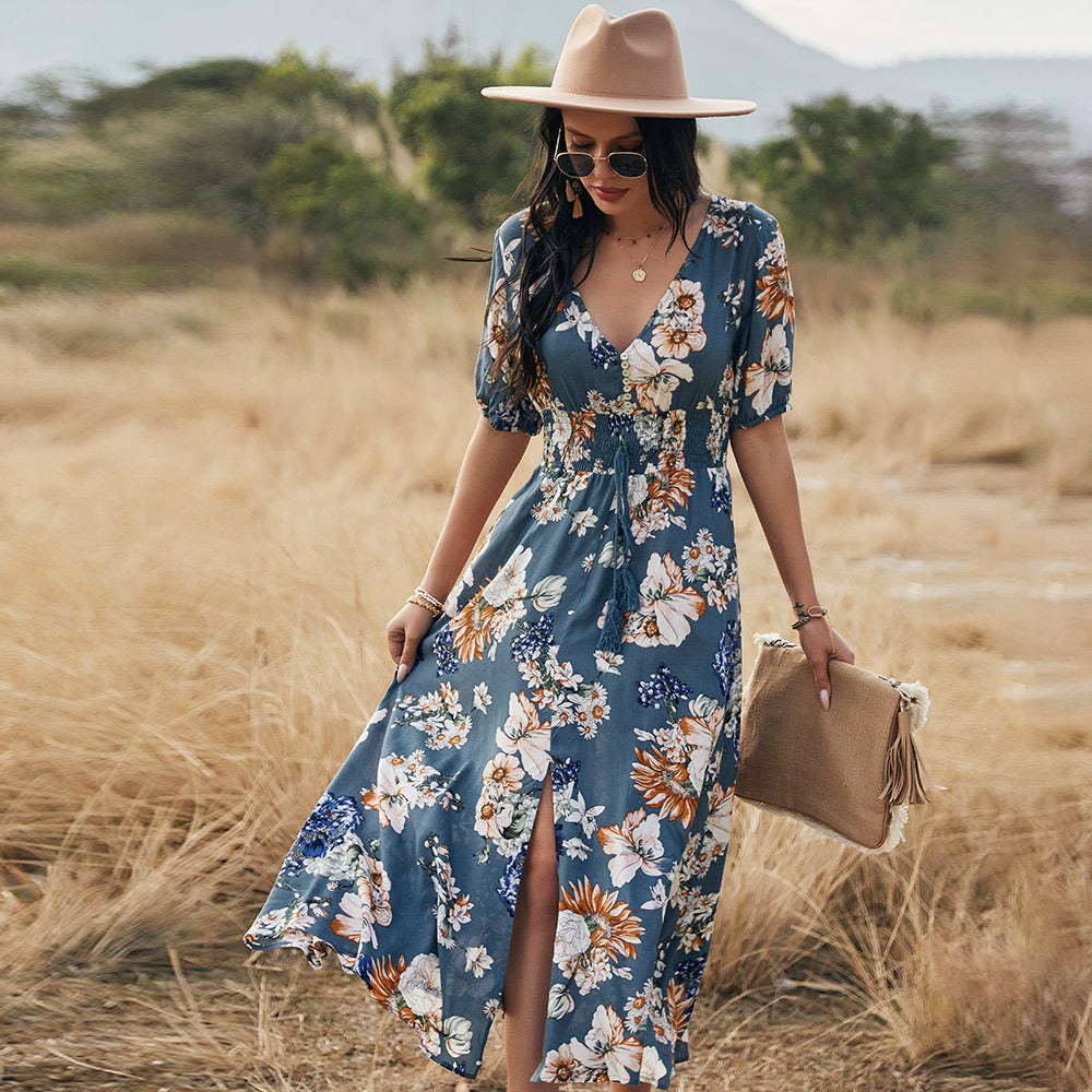 Sandra – Floral Sommer Strandkleid mit V-Ausschnitt und elastischem Bund