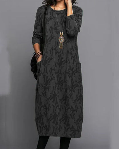 Damen Casual Langarm Midi-Kleid mit Taschen – Eleganter Alltagslook für Herbst und Winter
