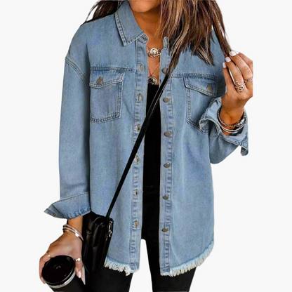 Damen Oversize Jeansjacke Vintage Streetstyle – Lässige Übergangsjacke mit Fransensaum