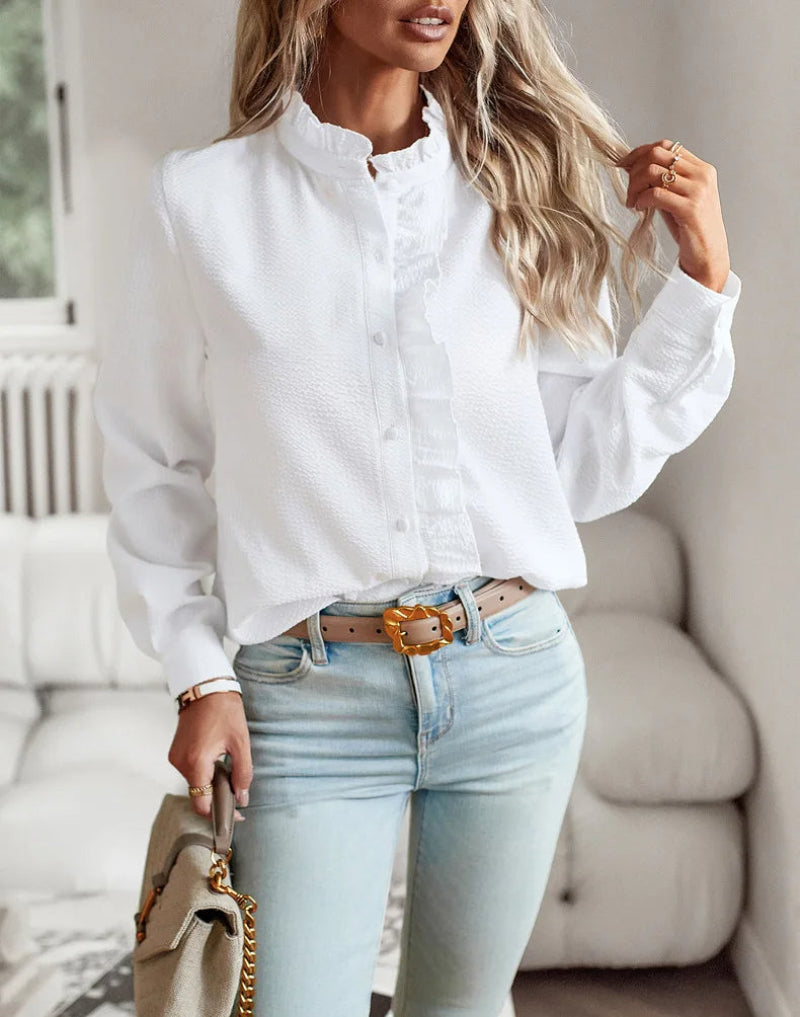 Damen Rüschenbluse im eleganten Business- und Freizeitstil – Modische Langarm Bluse mit femininen Details