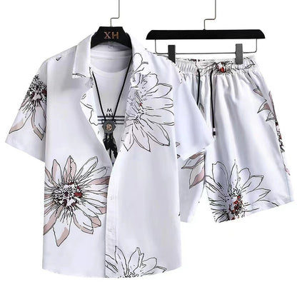Herren Sommer Freizeit Zweiteiler mit Abstraktem Print – Modisches Kurzarmhemd & Shorts Set für Urlaub und Alltag
