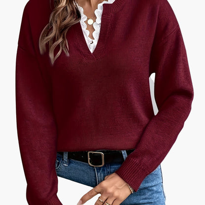 Damen Eleganter Strickpullover mit Spitzenbesatz und V-Ausschnitt – Ideal für Alltag und Büro