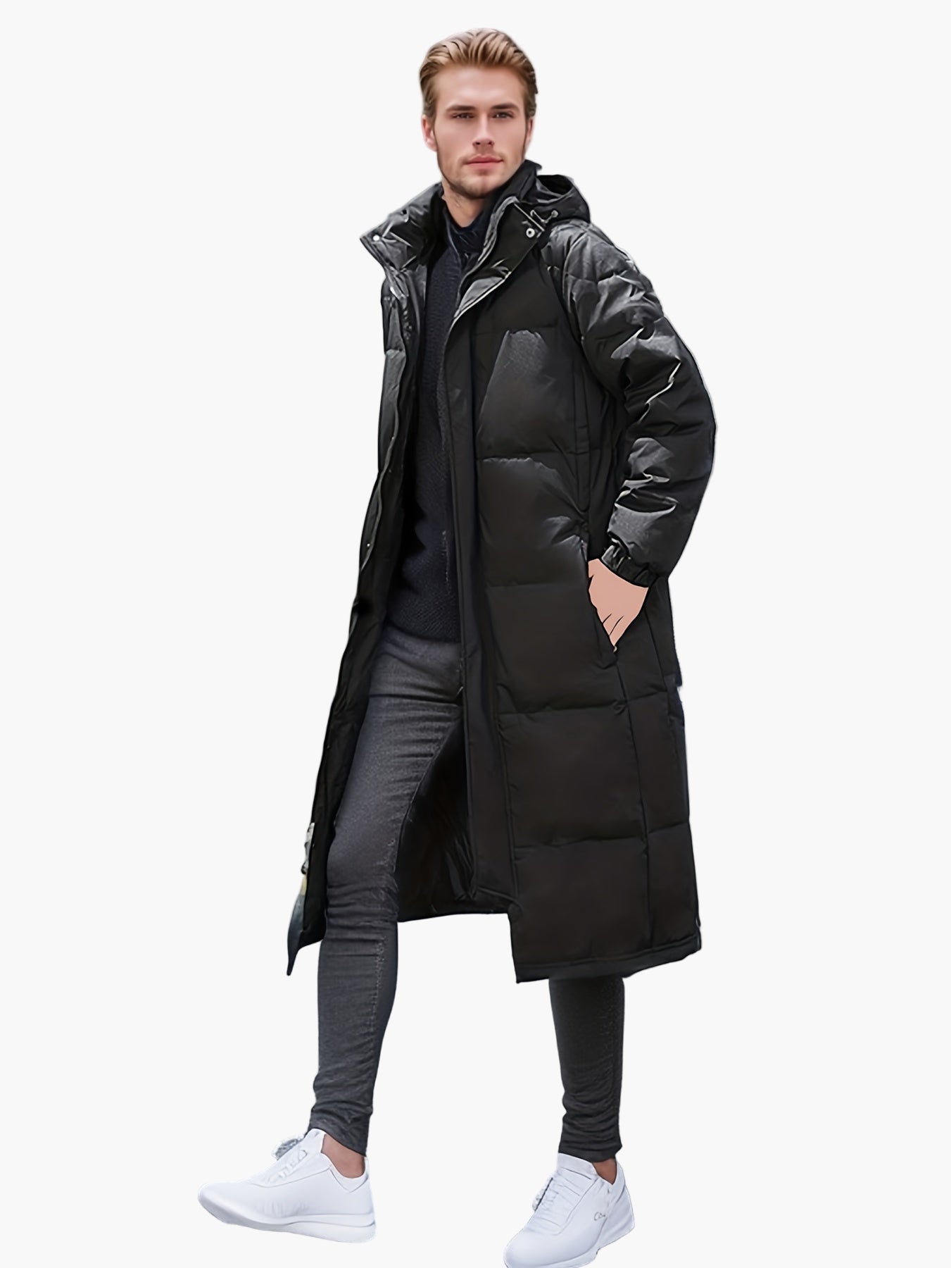 Men's Winter Quilted Long Coat Casual with Hood and Pockets – Perfect for Outdoor & Everyday Use