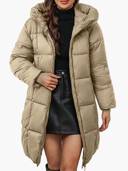 Women's winter quilted coat with hood, fashionable long parka for everyday and outdoor use