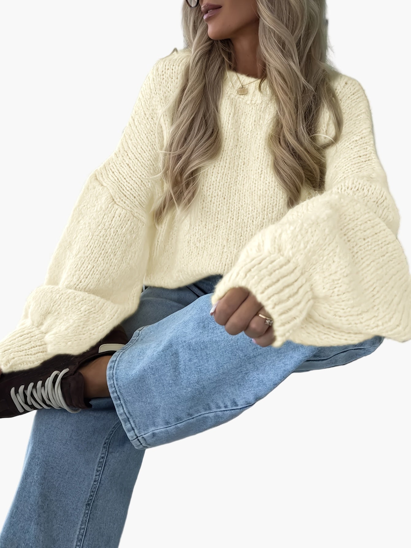 Damen Strickpullover mit Ballonärmeln und lockerem Schnitt – Modischer Freizeitlook für Herbst & Winter