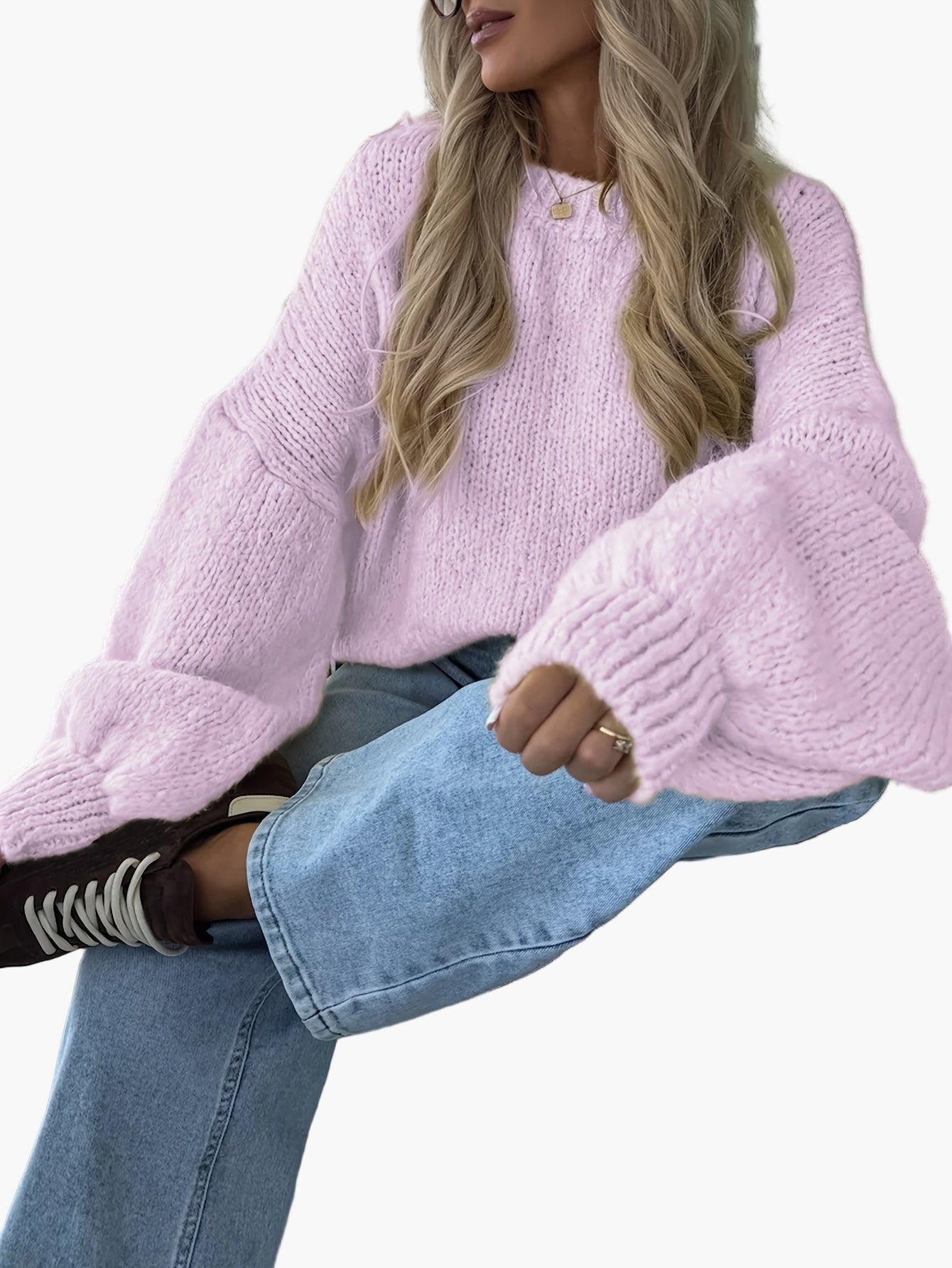 Damen Strickpullover mit Ballonärmeln und lockerem Schnitt – Modischer Freizeitlook für Herbst & Winter
