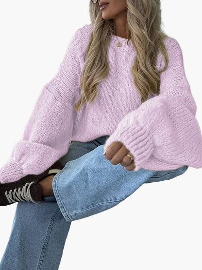 Damen Strickpullover mit Ballonärmeln und lockerem Schnitt – Modischer Freizeitlook für Herbst & Winter