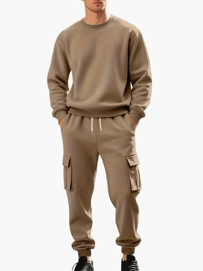 Men's Casual Sports Suit Set, Sweatshirt and Cargo Jogging Pants, Relaxed Style