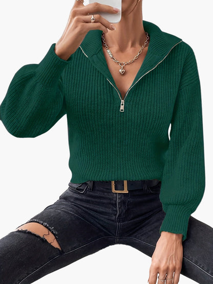 Damen Strickpullover mit Reißverschluss und Ballonärmeln – Eleganter Freizeit-Look