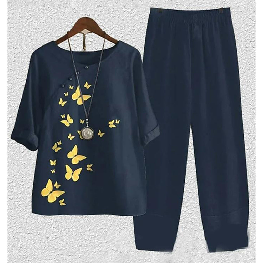 Damen Freizeit Set im Japanischen Stil mit Libellen-Print – Zweiteiler, Bequem für Alltag & Reisen