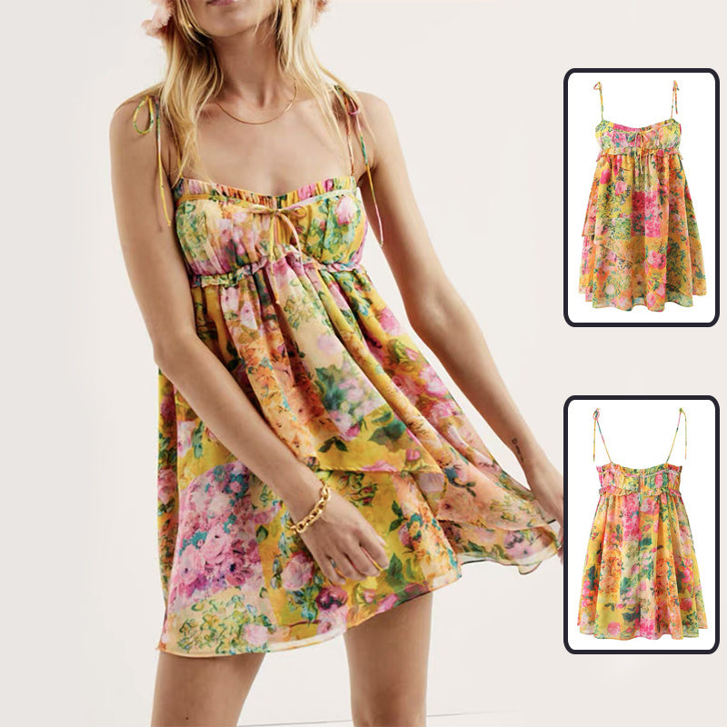 Susan – Y2K Blumenmuster Trägerkleid für den Sommer mit Rüschen für den Strand