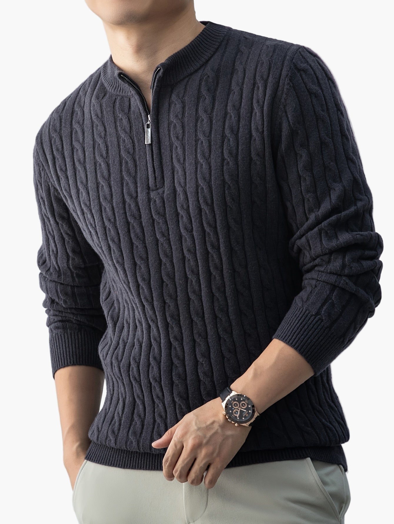 Men's knitted sweater with cable pattern and stand-up collar – fashionable casual style for autumn and winter