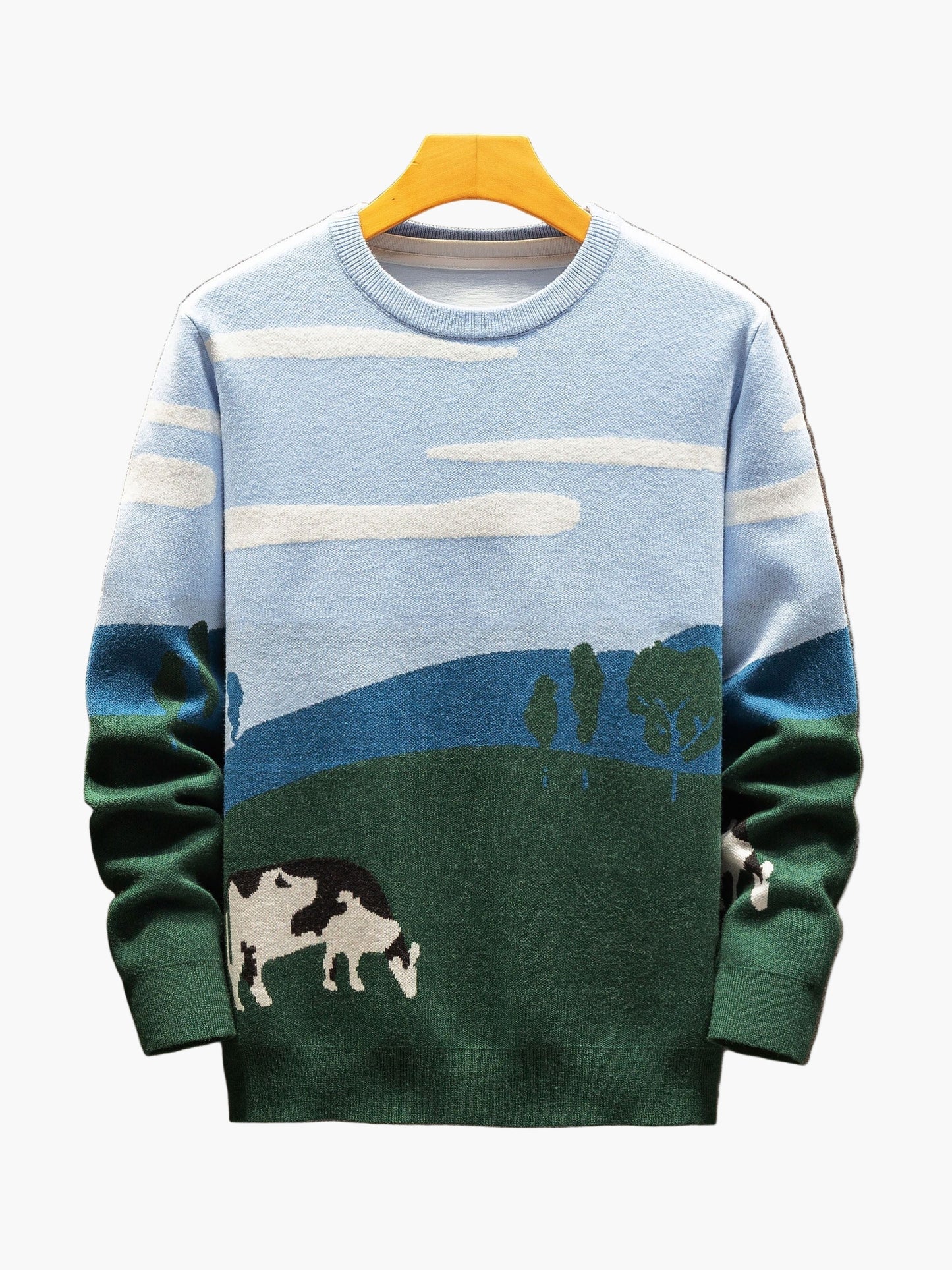Men's Sweater with Landscape and Cow Motif – Casual Knit Sweater for Autumn and Winter