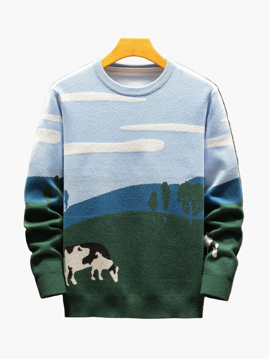 Men's Sweater with Landscape and Cow Motif – Casual Knit Sweater for Autumn and Winter