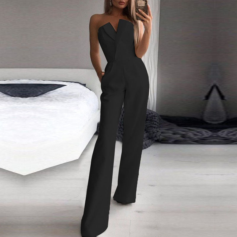 Damen Eleganter Trägerloser Jumpsuit mit Weitem Bein – Stilvoller Overall für Besondere Anlässe und Partys