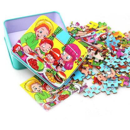 Kinder Holzpuzzle Set – Bunte Lernspielzeuge im Aufbewahrungs-Metallkasten, ab 3 Jahren, Unisex