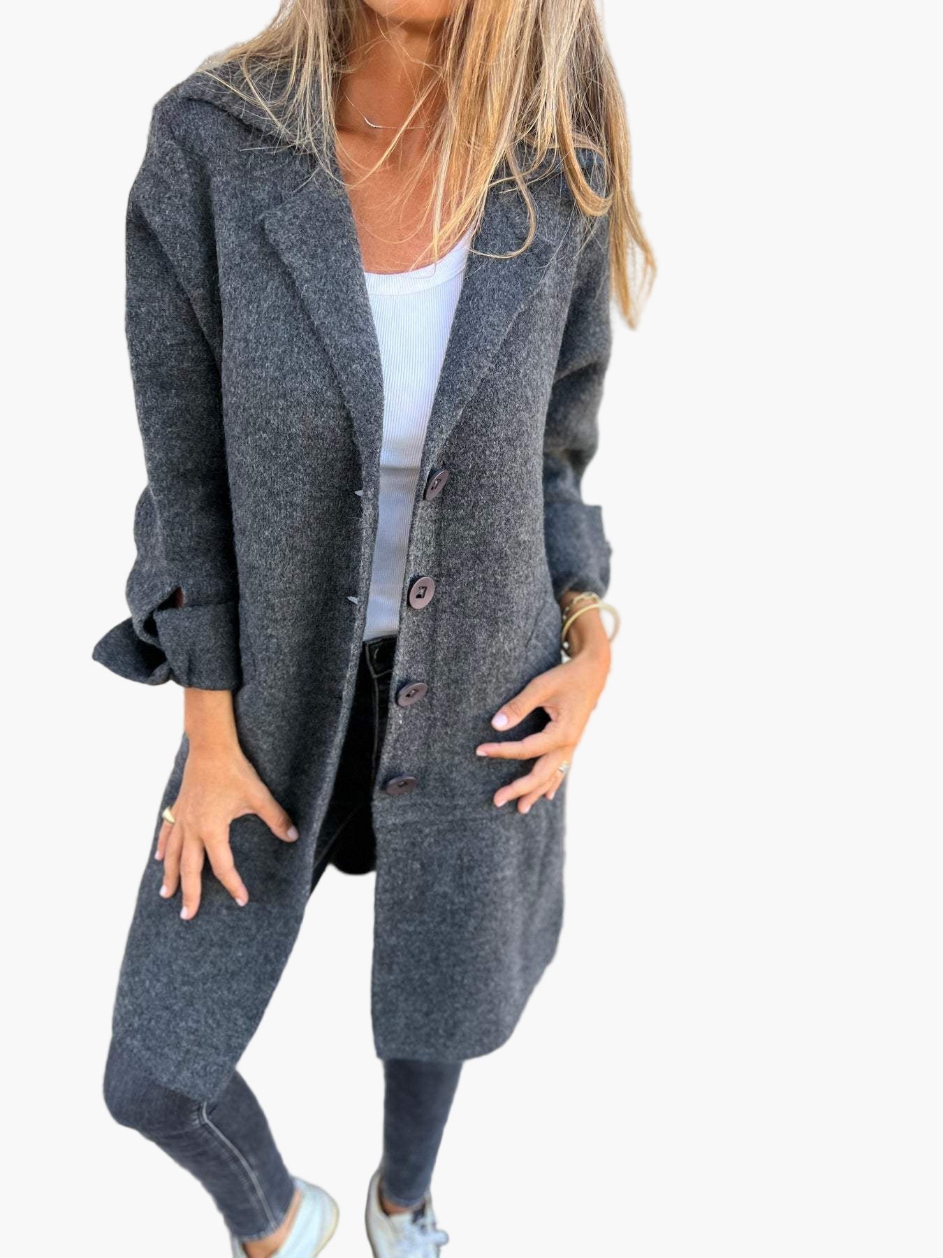 Damen Eleganter Langer Casual Mantel mit Aufschlag – Stilvoller Übergangsmantel für Alltag & Events