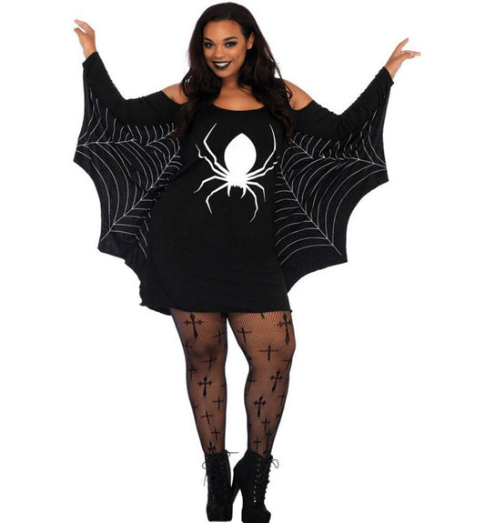 Halloween Women's Spider Costume – Plus Size Dress with Spider Web Wings for Party & Carnival