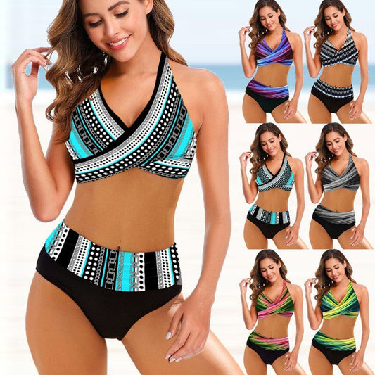 Damen High Waist Bikini Set – Gestreift, Modern, Sexy, Ideal für Strand & Schwimmbad