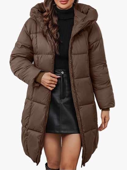 Women's winter quilted coat with hood, fashionable long parka for everyday and outdoor use