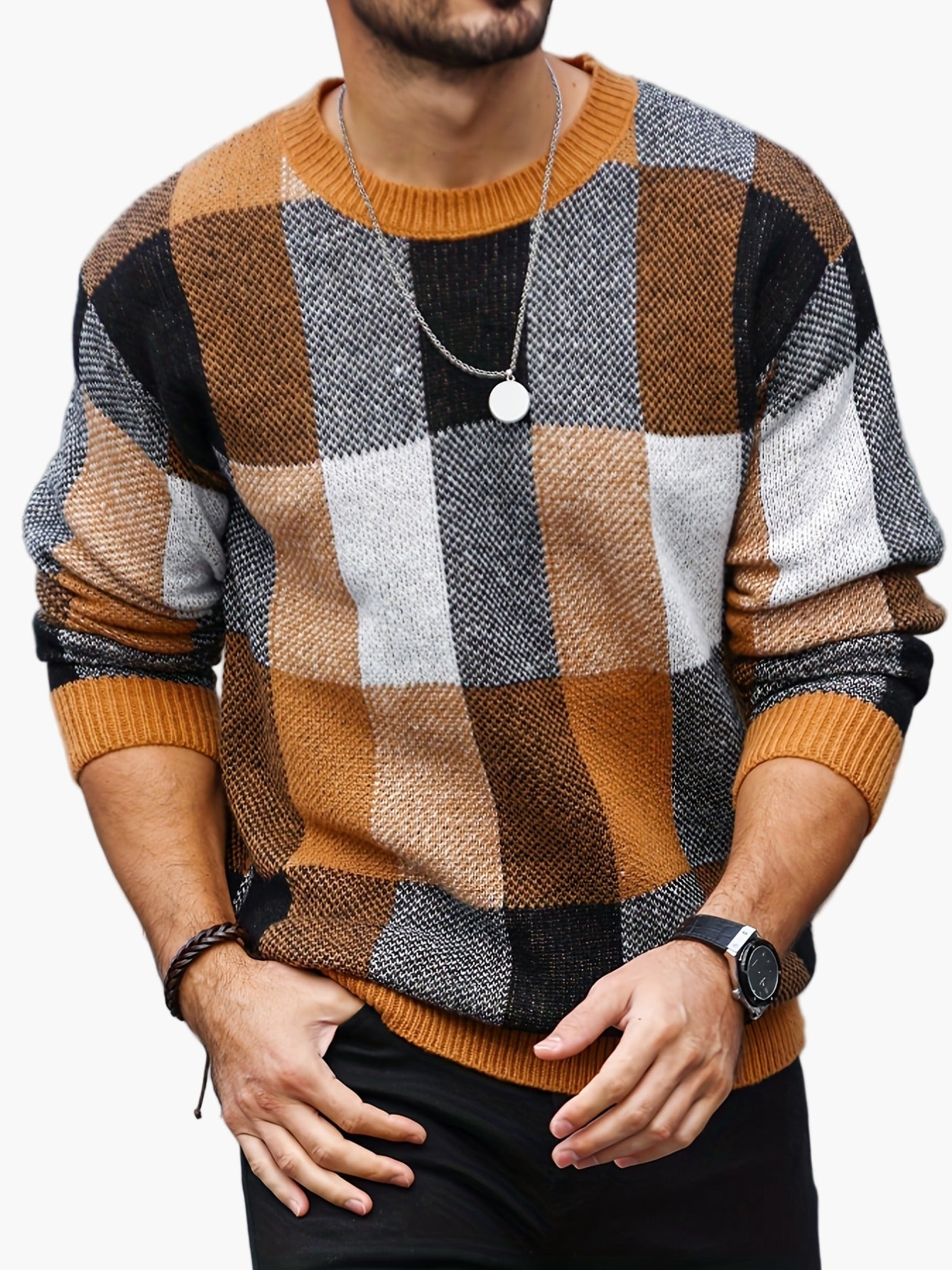 Men's Plaid Knit Sweater in Casual Style for Autumn and Winter