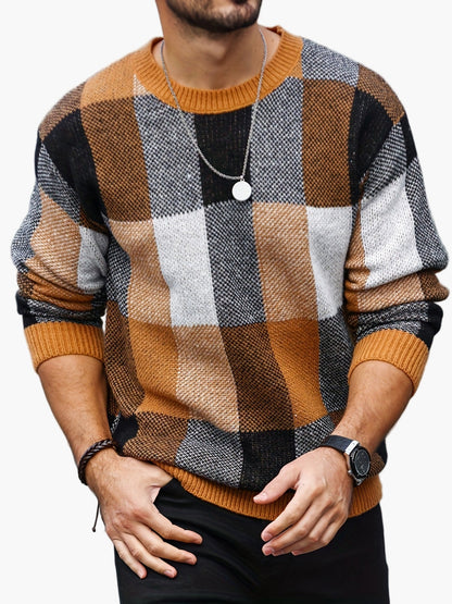 Men's Plaid Knit Sweater in Casual Style for Autumn and Winter