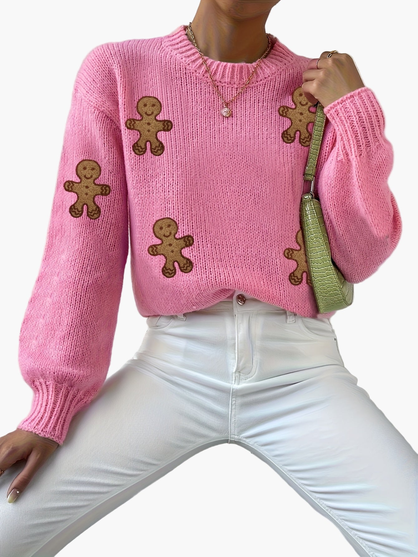 Damen Pullover mit Lebkuchenmann-Motiv – Verspielter Strickpulli für Herbst und Winter, modisches Highlight