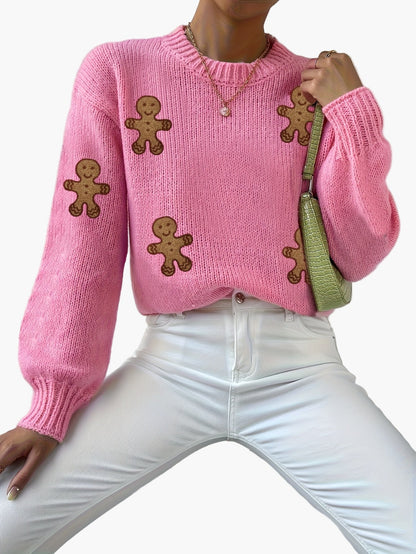 Damen Pullover mit Lebkuchenmann-Motiv – Verspielter Strickpulli für Herbst und Winter, modisches Highlight