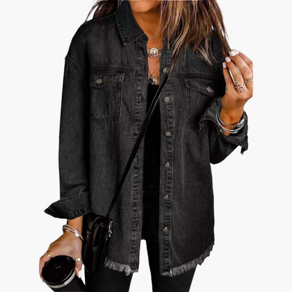 Damen Oversize Jeansjacke Vintage Streetstyle – Lässige Übergangsjacke mit Fransensaum