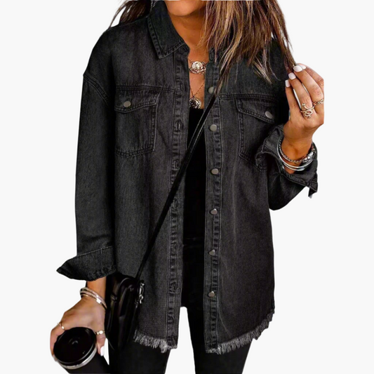 Damen Oversize Jeansjacke Vintage Streetstyle – Lässige Übergangsjacke mit Fransensaum