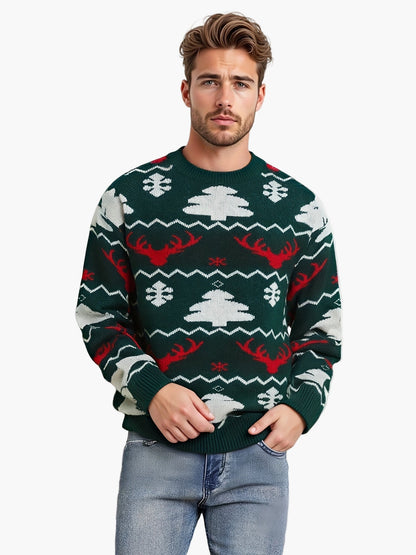 Men's Christmas Sweater with Reindeer and Christmas Tree Pattern – Perfect for Festive Occasions, Casual Party Style