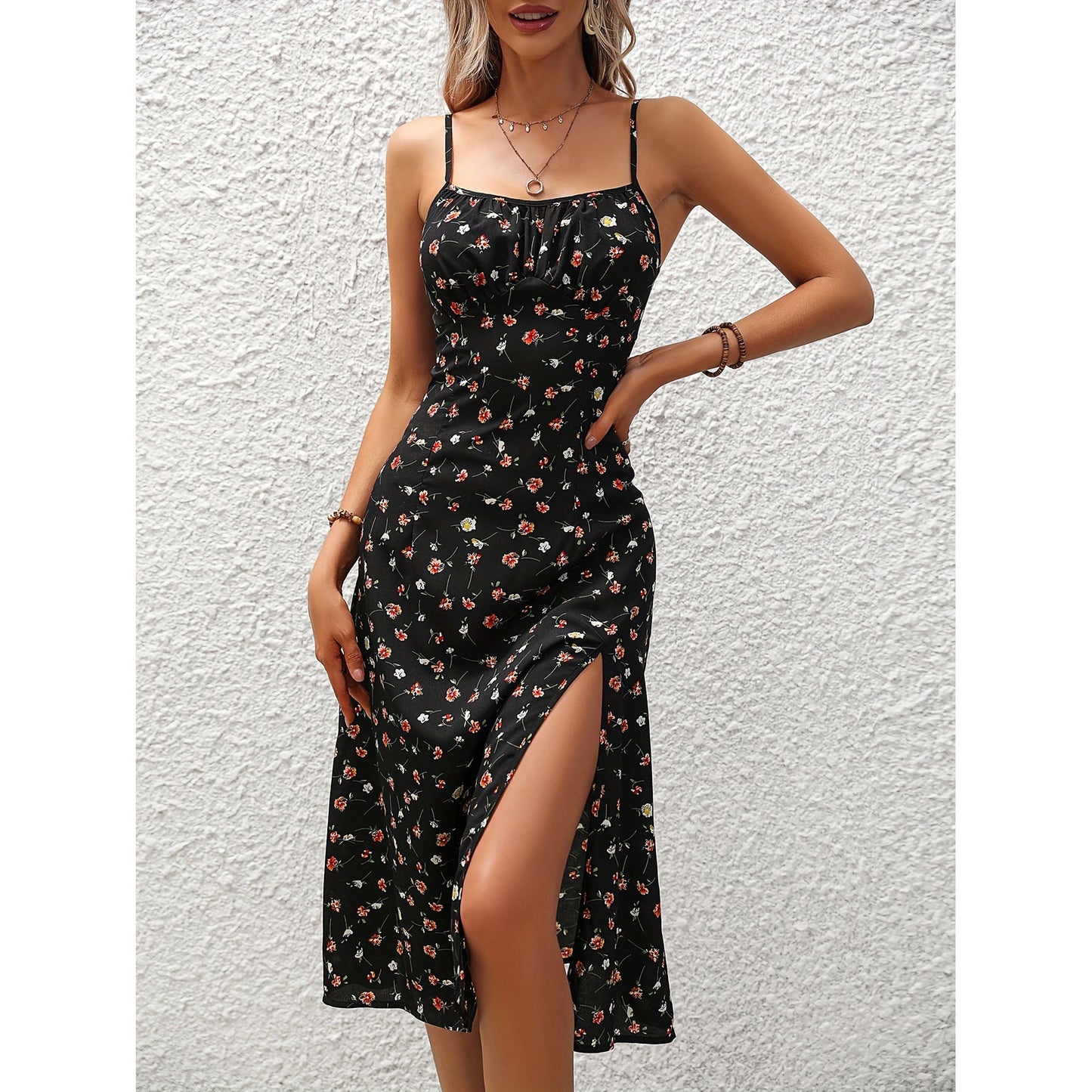 Christina – Kleid mit Punkten und Trägern für Damen mit sexy Schlitz