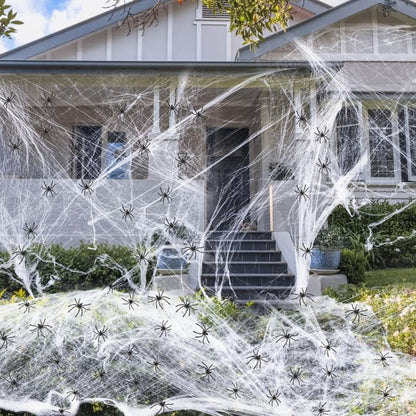 Halloween decoration spider web with spiders – creepy party decoration for outdoors and indoors