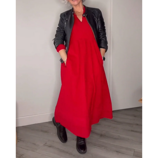 Marie – Elegantes Damenkleid mit V-Ausschnitt und langen Ärmeln