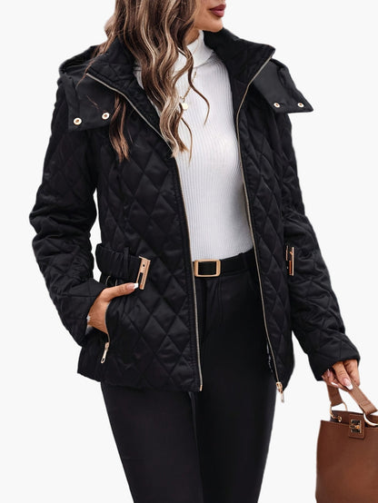 Women's quilted jacket with belt and hood – Elegant winter jacket for everyday and office use