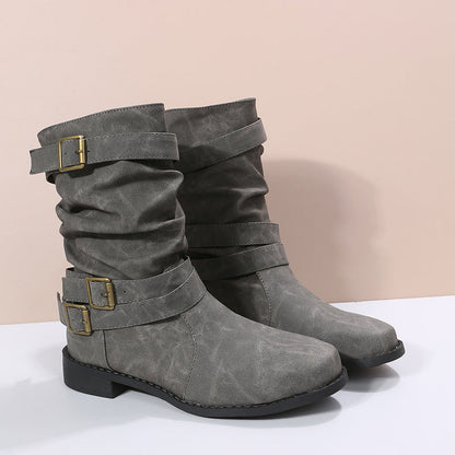 Charlotte – Niedrige Vintage Stiefel mit verstellbarem Riemen für Damen im Biker- und Western-Stil