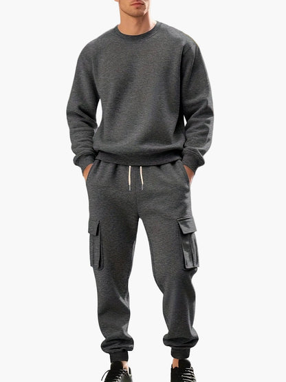 Men's Casual Sports Suit Set, Sweatshirt and Cargo Jogging Pants, Relaxed Style