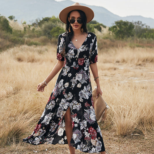 Sandra – Floral Sommer Strandkleid mit V-Ausschnitt und elastischem Bund