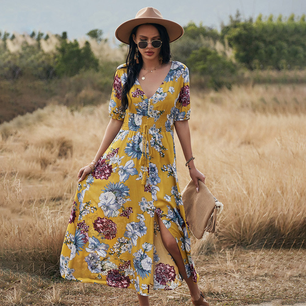 Sandra – Floral Sommer Strandkleid mit V-Ausschnitt und elastischem Bund