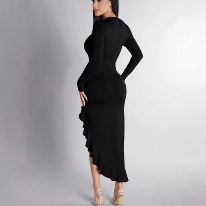 Ruth – Slim Fit Langarm Kleid mit Rüschen und Schlitz