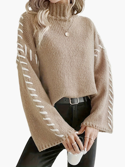 Damen Pullover mit weitem Ärmel und Ziernaht – Eleganter Strickpullover für Herbst und Winter