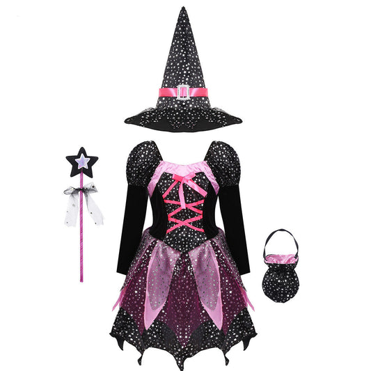 Girls Halloween Witch Costume with Hat, Wand, and Bag – Perfect Outfit for Kids' Parties & Trick-or-Treat