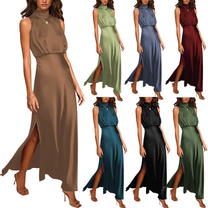 Michelle – Satin dress with stand-up collar
