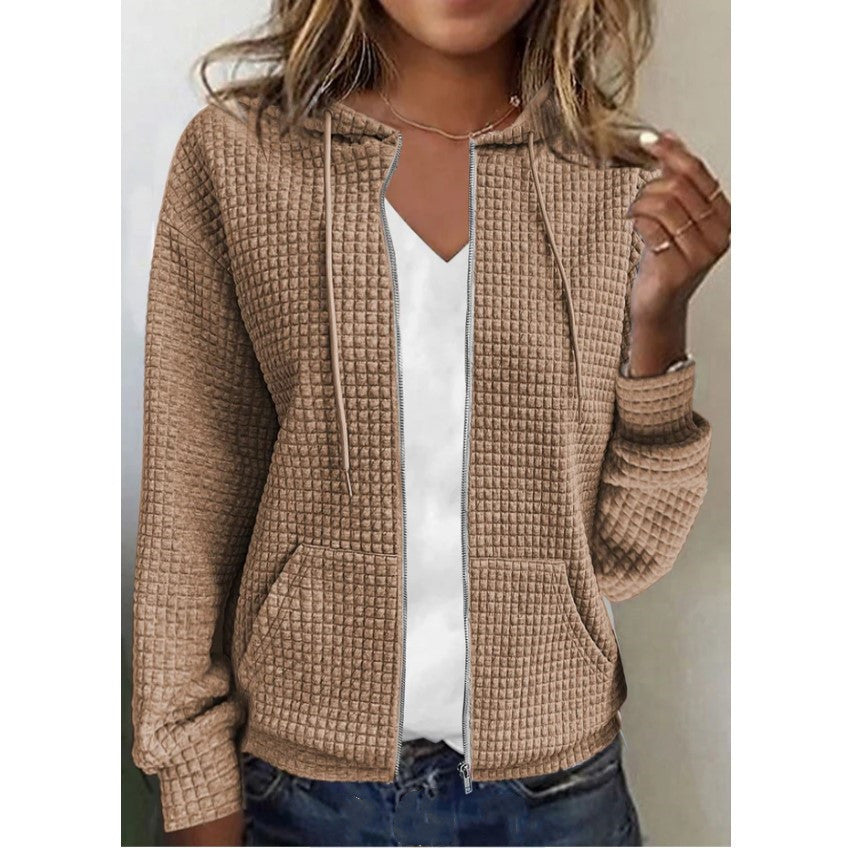 Linda – Langer Damen Cardigan mit Reißverschluss und Kapuze