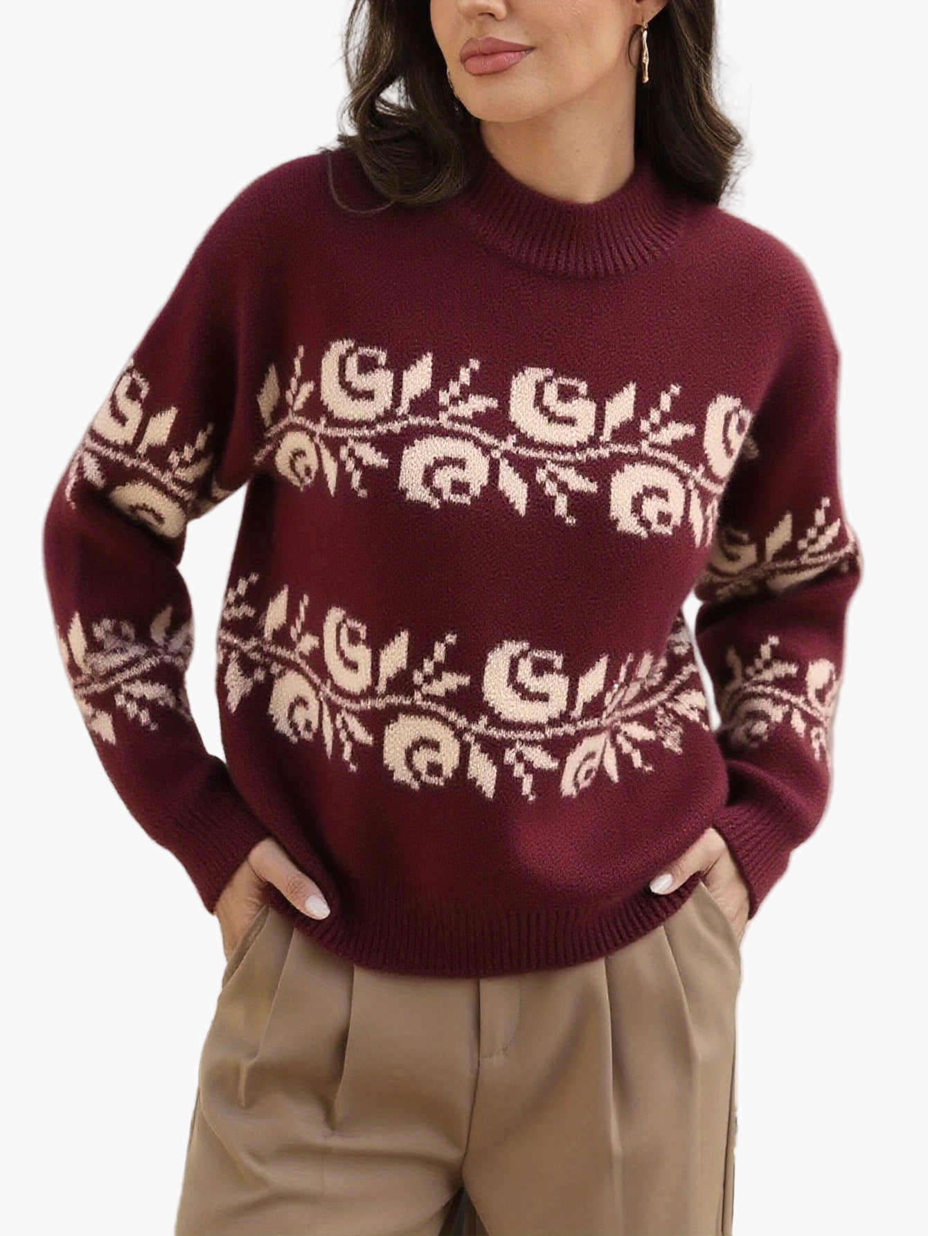 Damen Jacquard Pullover mit Blumenmuster – Eleganter Herbst/Winter Strickpullover