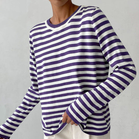 Women's knitted sweater with stripes – Casual everyday sweater, timeless style, ideal for office & leisure