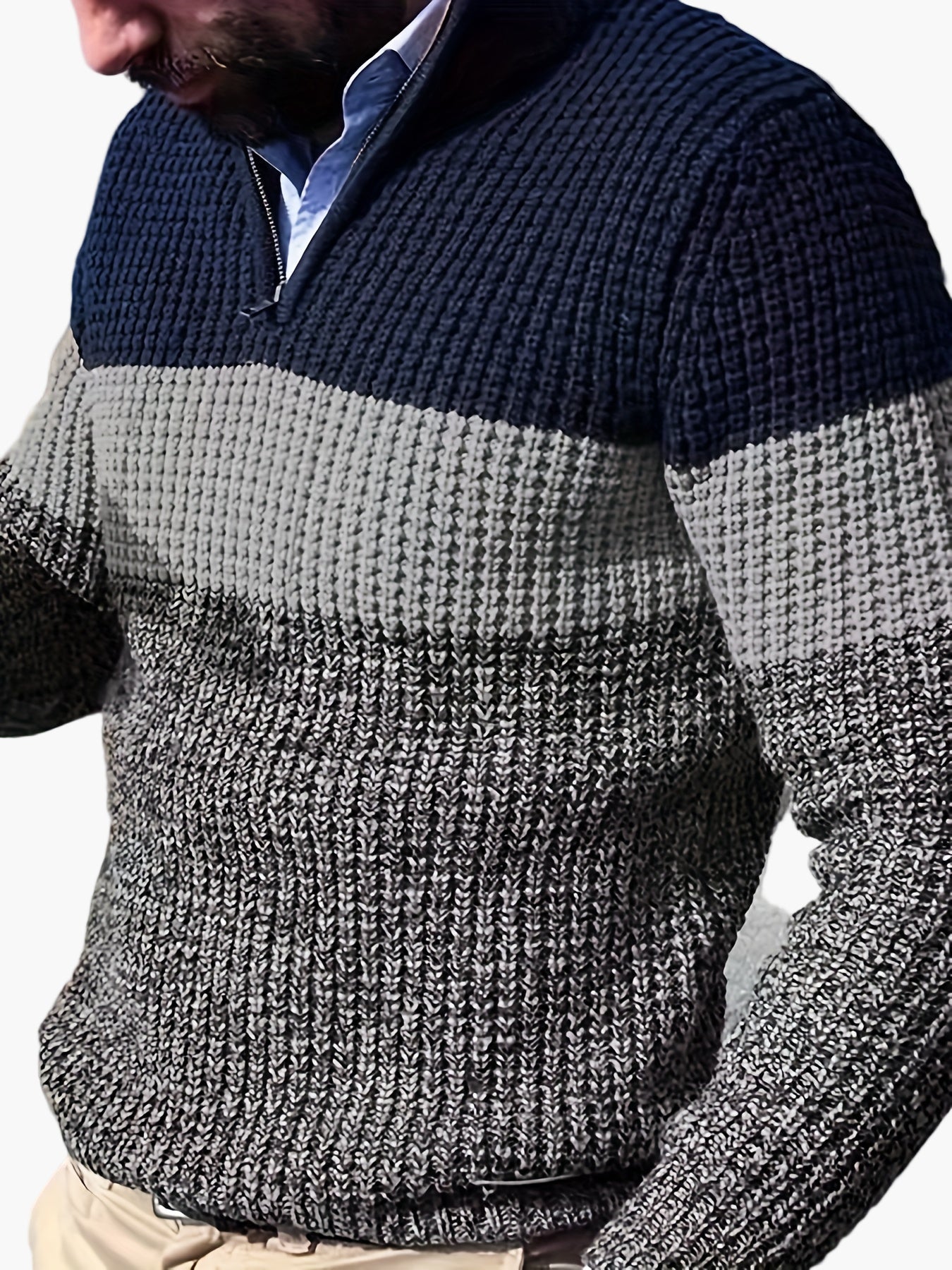 Men's knitted sweater with stripe pattern and stand-up collar – fashionable casual sweater with quarter zipper