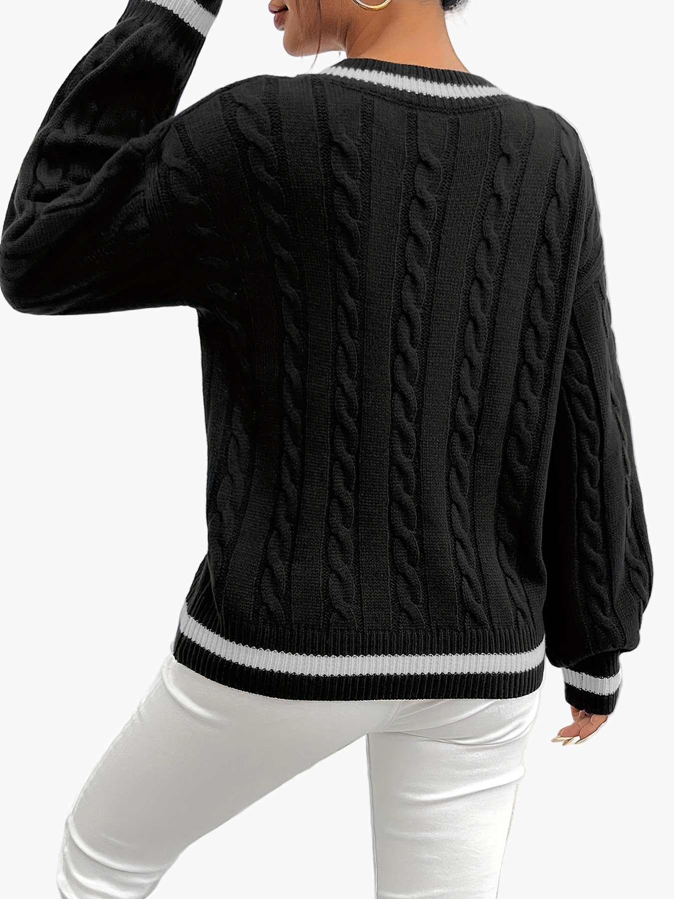 Damen Eleganter Strickpullover mit V-Ausschnitt und Zopfmuster – Perfekt für Büro & Freizeit