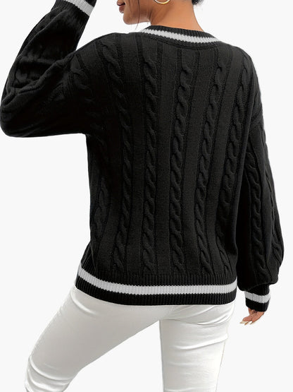 Damen Eleganter Strickpullover mit V-Ausschnitt und Zopfmuster – Perfekt für Büro & Freizeit